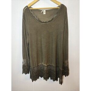Kaktus Womens 100% Cotton Gray Long Tunic‎ Top Size XL Lagenlook Lace Trim Boho